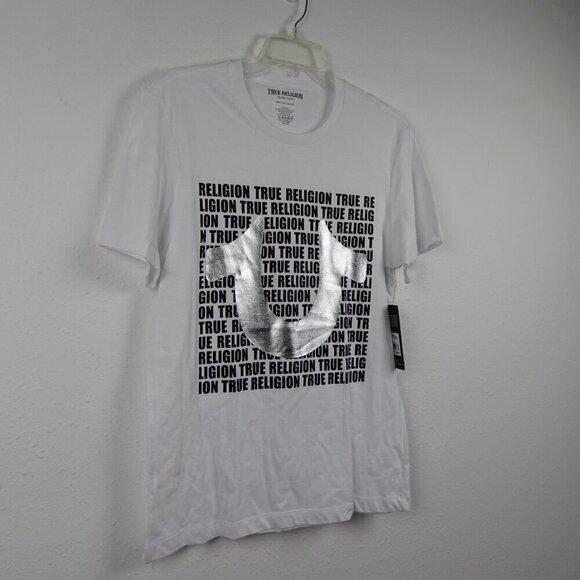 True Religion T-Shirt Men's Size S White Horseshoe Spell Out Logo Cotton - Picture 4 of 6